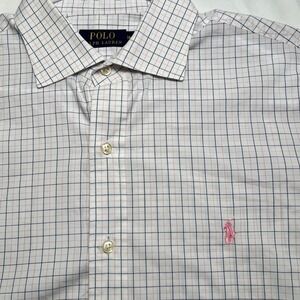 Polo Ralph‎ Lauren Mens 16.5 36/37 (L) White Blue Pink Check Long Sleeve Pony